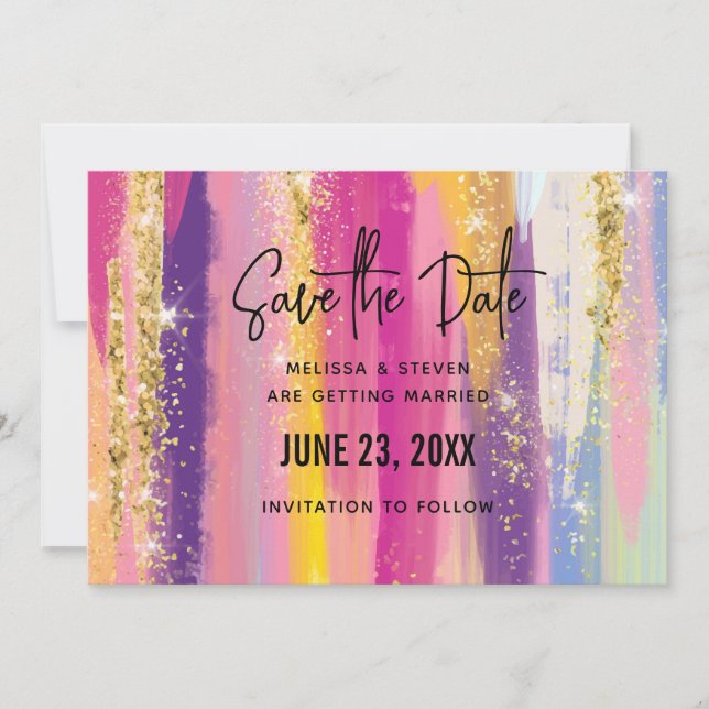 Colourful Rainbow Stripes with Faux Gold Glitter Save The Date (Front)