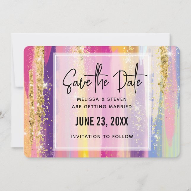 Colourful Rainbow Stripes with Faux Gold Glitter Save The Date (Front)