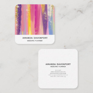 Colourful Rainbow Stripes with Faux Gold Glitter Square Business Card