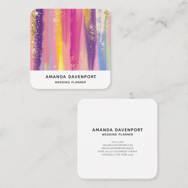 Colourful Rainbow Stripes with Faux Gold Glitter Square Business Card (Front/Back)