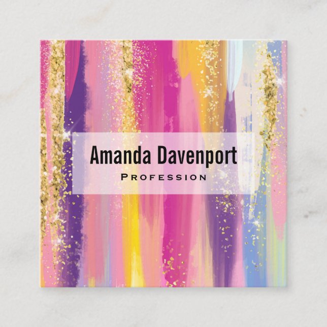Colourful Rainbow Stripes with Faux Gold Glitter Square Business Card (Front)