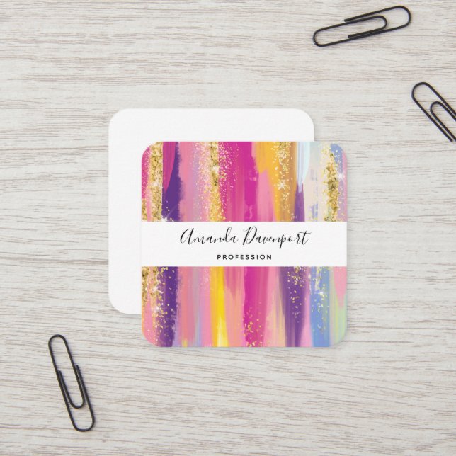 Colourful Rainbow Stripes with Faux Gold Glitter Square Business Card (Front/Back In Situ)