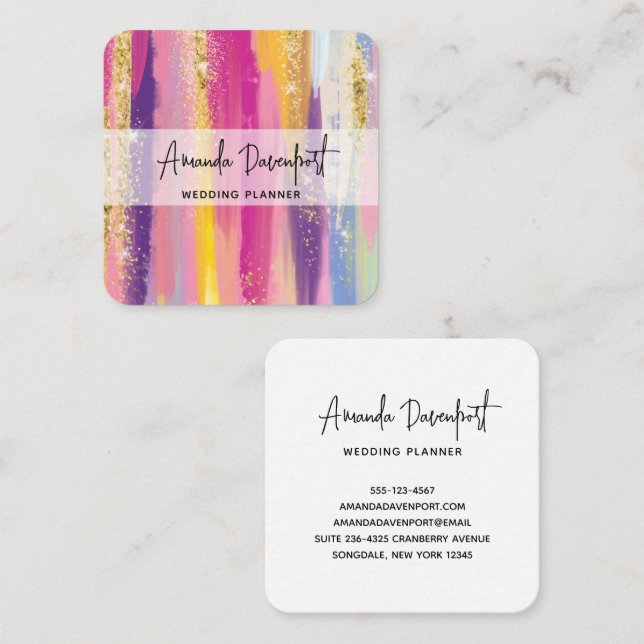 Colourful Rainbow Stripes with Faux Gold Glitter Square Business Card (Front/Back)