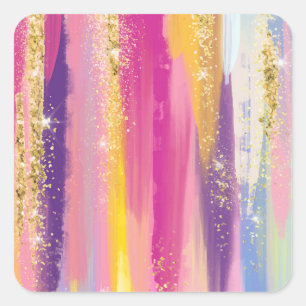 Colourful Rainbow Stripes with Faux Gold Glitter Square Sticker