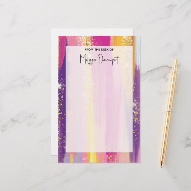 Colourful Rainbow Stripes with Faux Gold Glitter Stationery (Front/Back In Situ)