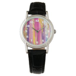 Colourful Rainbow Stripes with Faux Gold Glitter Watch