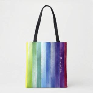 Colourful rainbow stripes with name  tote bag