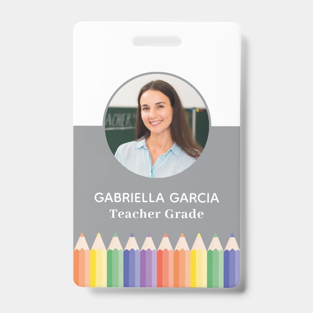 Colourful Rainbow Teacher Photo ID badge (Front)
