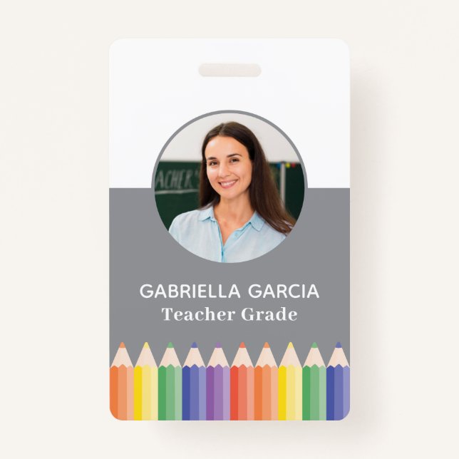 Colourful Rainbow Teacher Photo ID badge (Front)