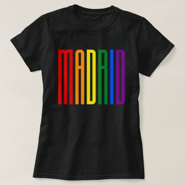 Colourful Rainbow Text LGBTQ Madrid Gay Pride LGBT T-Shirt (Design Front)