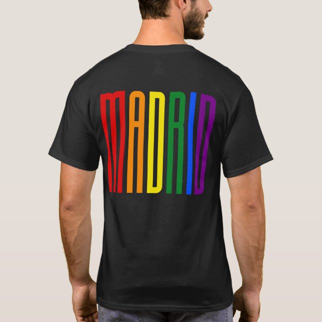 Colourful Rainbow Text LGBTQ Madrid Gay Pride LGBT T-Shirt (Back)