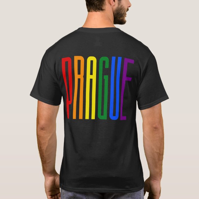 Colourful Rainbow Text LGBTQ Prague Gay Pride LGBT T-Shirt (Back)