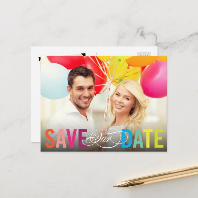 Colourful Rainbow Text Modern Photo Save The Date Announcement Postcard (Front/Back In Situ)