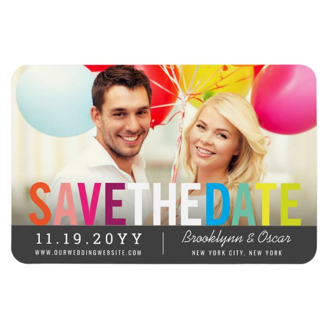 Colourful Rainbow Text Modern Photo Save The Date Magnet (Horizontal)