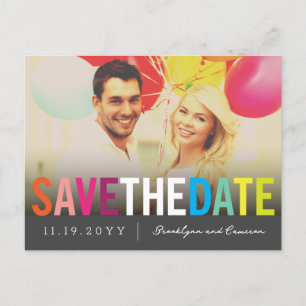 Colourful Rainbow Text Save The Date Photo Postcar Announcement Postcard