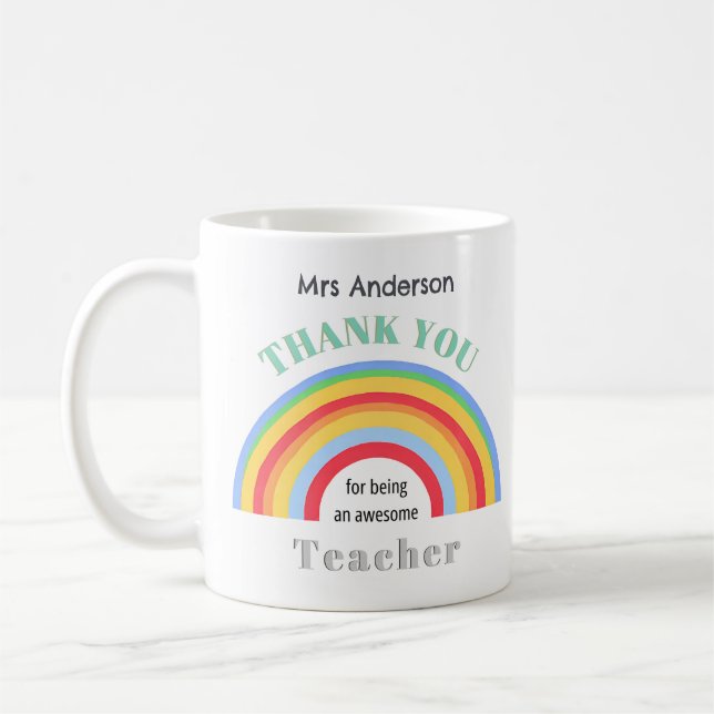 Colourful Rainbow Thank You Teacher Appreciation Coffee Mug (Left)