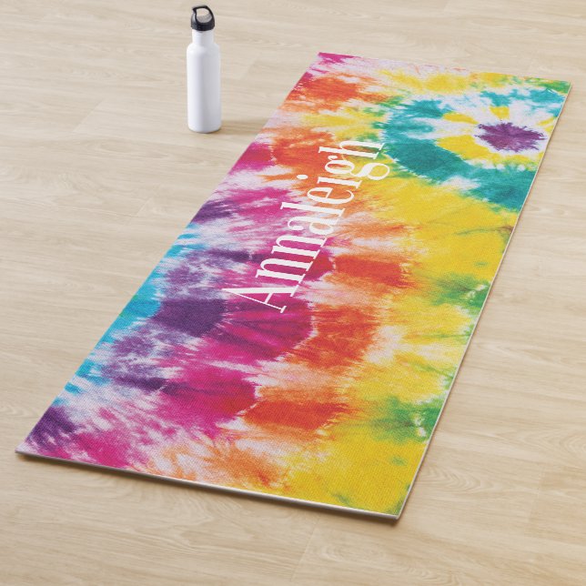 Colourful Rainbow Tie Dye Custom Name Mum Yoga Mat (In Situ)