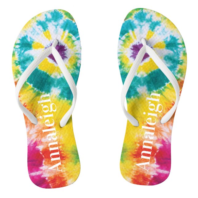 Colourful Rainbow Tie Dye Custom Name Vacation Flip Flops (Footbed)