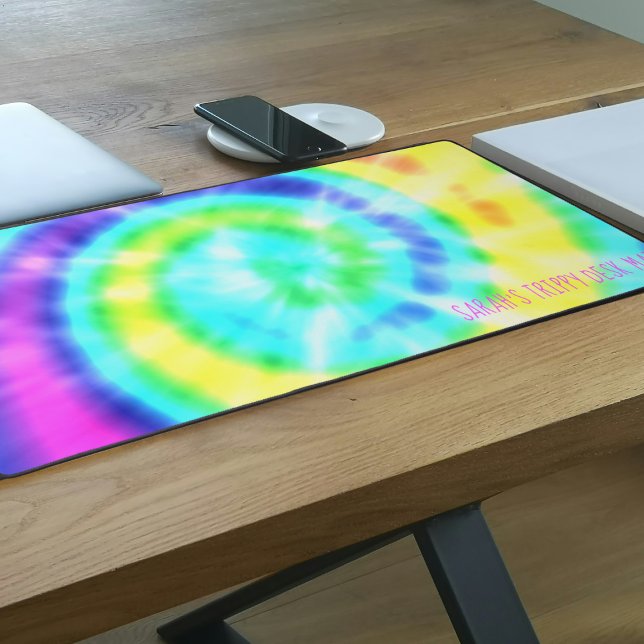 Colourful Rainbow Tie Dye Hippie Trippy Desk Mat (Fun and funky tie dye desk mat with space for your name)