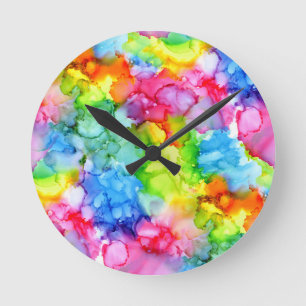 Colourful Rainbow Tie Dye Ink Round Clock