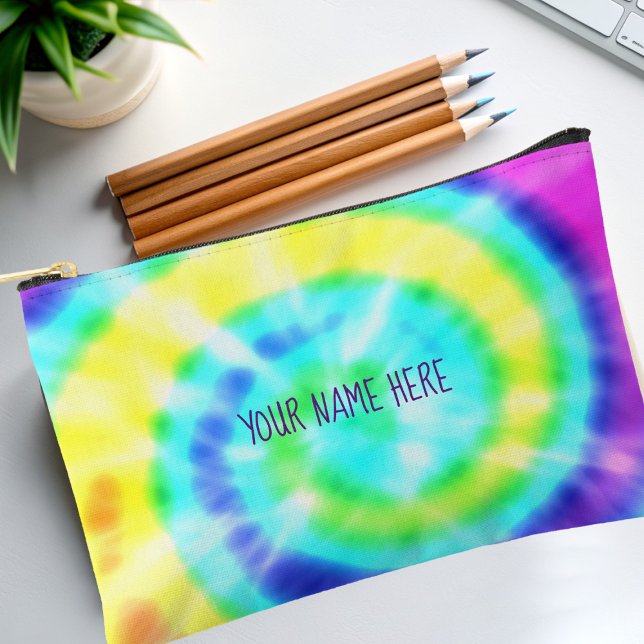 Colourful Rainbow Tie Dye Personalised Pencil Case Accessory Pouch (Groovy pencil case just for you. Add your name!)