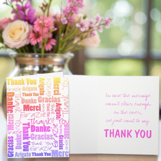 Colourful Rainbow Typography Multilingual Thank Yo You Card (Colorful multilingual thank you typography word cloud cover and template text inside card)