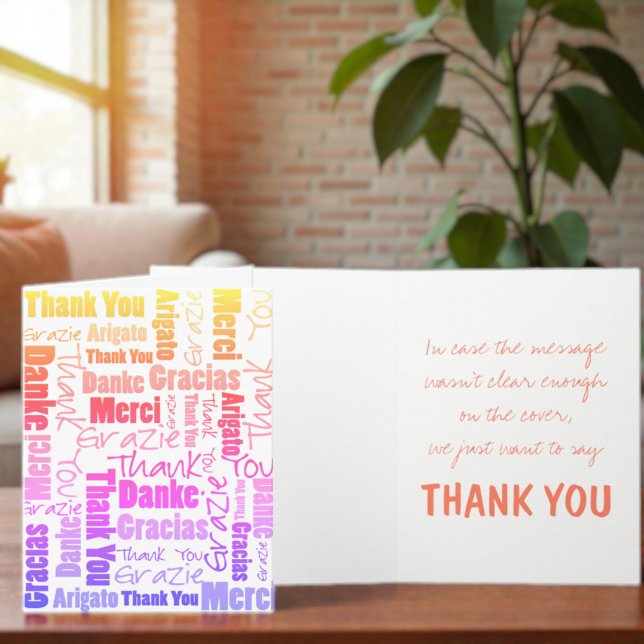 Colourful Rainbow Typography Multilingual Thank Yo You Card (Multilingual thank you word cloud card cover and orange inside template text. )