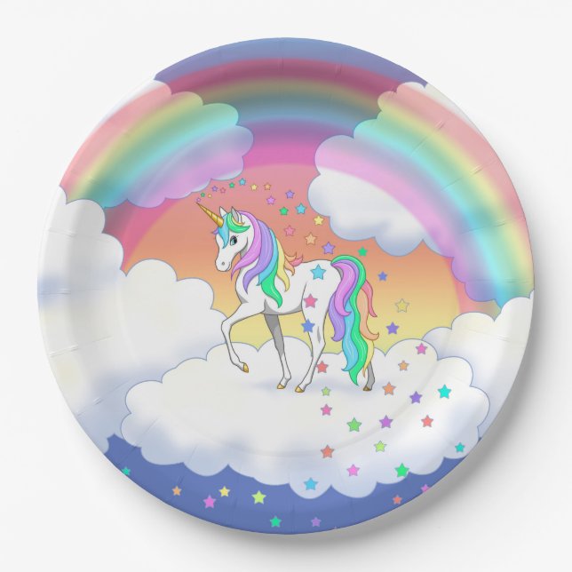 Colourful Rainbow Unicorn and Stars Paper Plate (Front)