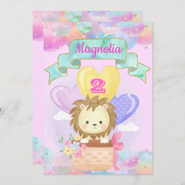 Colourful Rainbow Unicorn Hot Air Balloon Baby Lio Invitation (Front/Back)