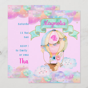 Colourful Rainbow Unicorn Hot Air Balloon Birthday Invitation