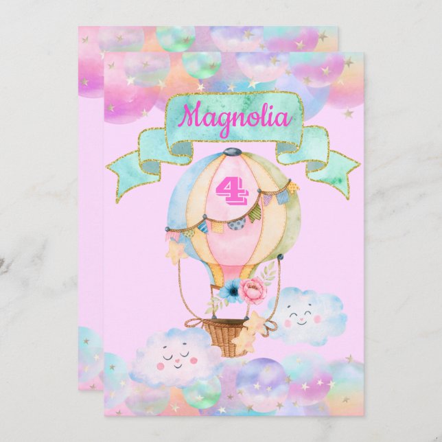 Colourful Rainbow Unicorn Hot Air Balloon Birthday Invitation (Front/Back)