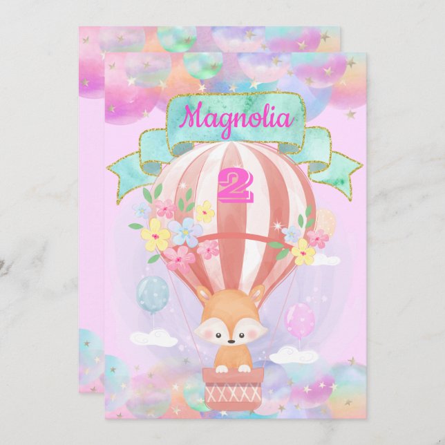 Colourful Rainbow Unicorn Hot Air Balloon Brown Fo Invitation (Front/Back)