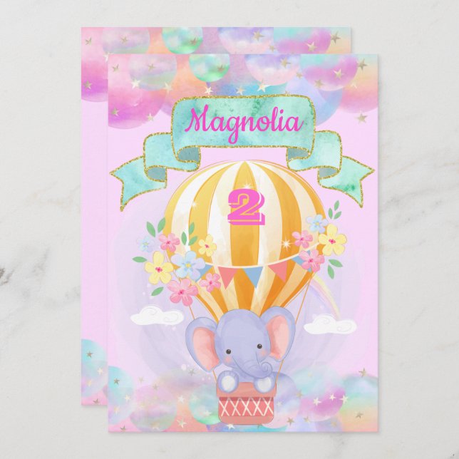 Colourful Rainbow Unicorn Hot Air Balloon Elephant Invitation (Front/Back)