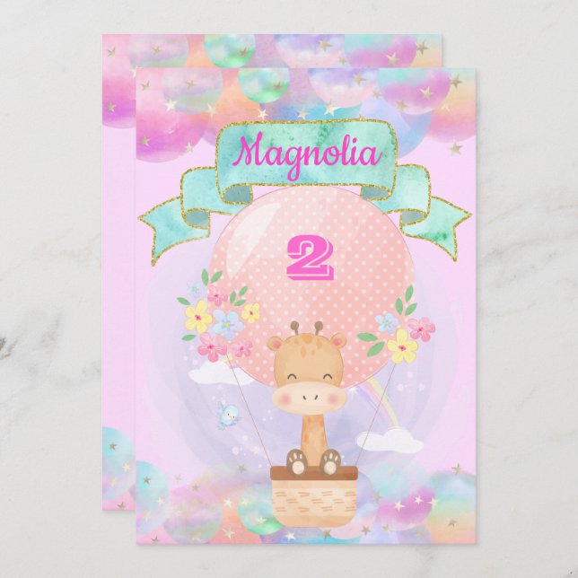 Colourful Rainbow Unicorn Hot Air Balloon Giraffe Invitation (Front/Back)