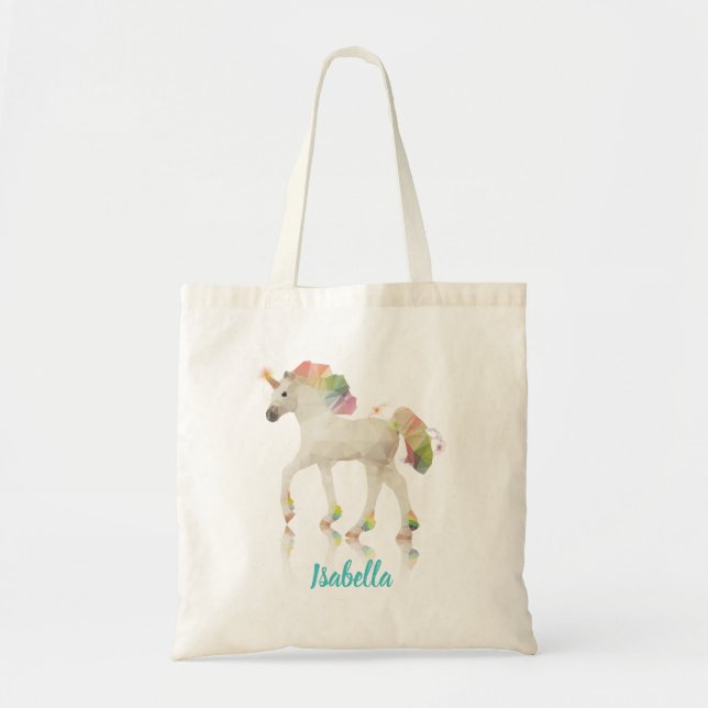 Colourful Rainbow Unicorn Polygon Name Budget Tote (Front)