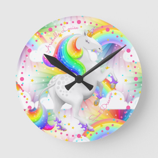 Colourful Rainbow Unicorn Princess Nursery Room Round Clock (Front)