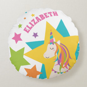 Colourful Rainbow Unicorn Stars Girly Custom Name Round Cushion