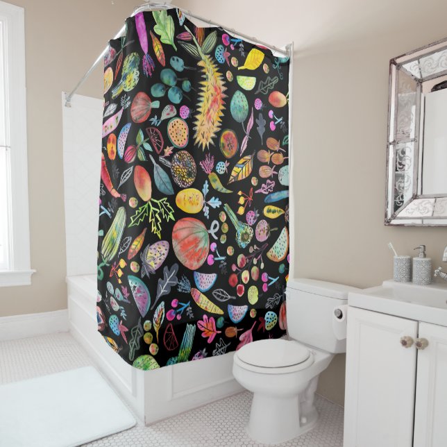 Colourful Rainbow Watercolor Fruits and Veggies Shower Curtain (In Situ)