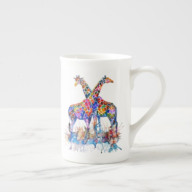 Colourful Rainbow Watercolor Giraffes Personalised Bone China Mug (Right)