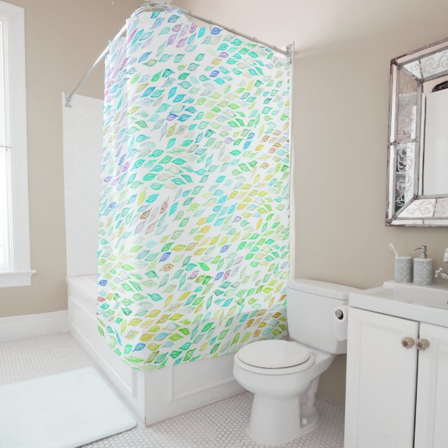 Colourful Rainbow Watercolor Leaf Feather Pattern Shower Curtain (In Situ)