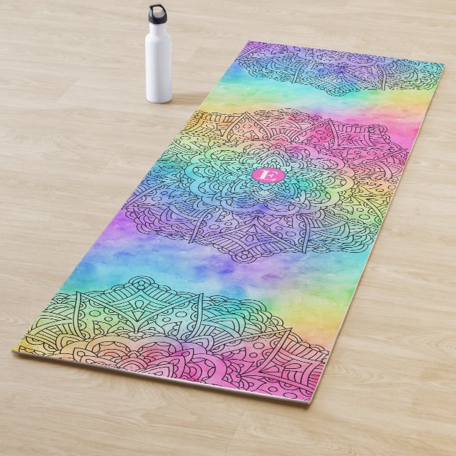 Colourful Rainbow Watercolor Monogram Yoga Mat (In Situ)