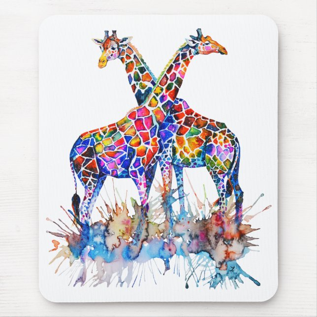 Colourful Rainbow Watercolor Splatter Giraffes Mouse Mat (Front)