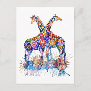 Colourful Rainbow Watercolor Splatter Giraffes Postcard
