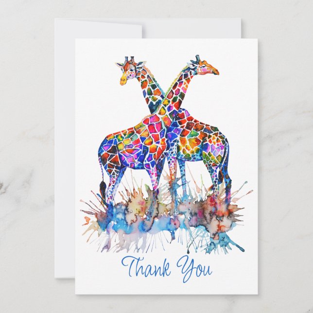 Colourful Rainbow Watercolor Splatter Giraffes Thank You Card (Front)