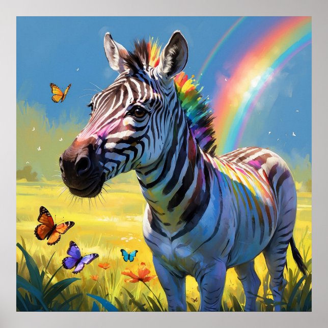 Colourful Rainbow Zebra with Butterflies Painting Poster (Front)