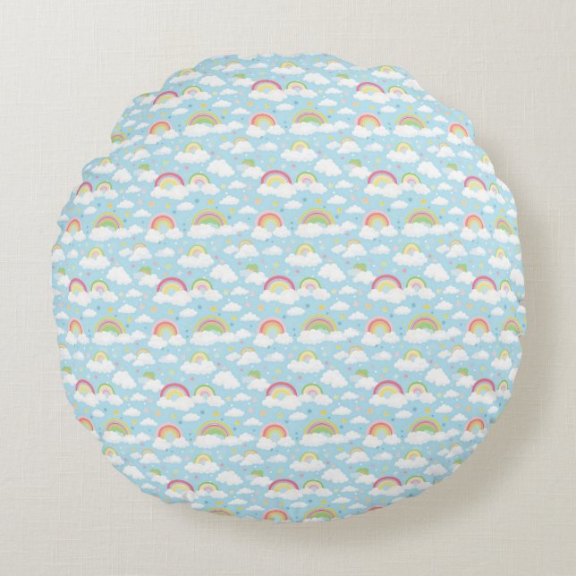 Colourful Rainbows and Clouds Round Cushion (Front)