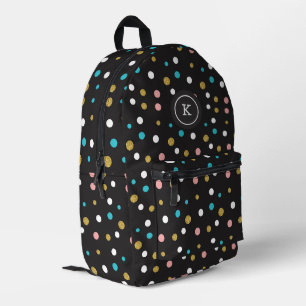 Colourful random dots pattern on black printed backpack