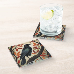 Colourful Raven Perched in a Tree Glass Coaster