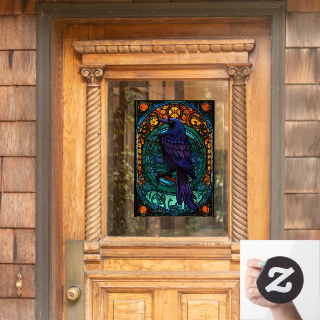 Colourful Raven Wild Bird Faux Stained Glass Window Cling (Home Door)