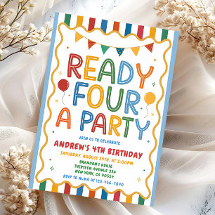 Colourful Ready Four a Party 4th Birthday Invitation